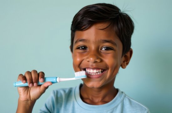 Happy boy brushing teeth with toothbrush smiling on light blue background - Powered by Adobe