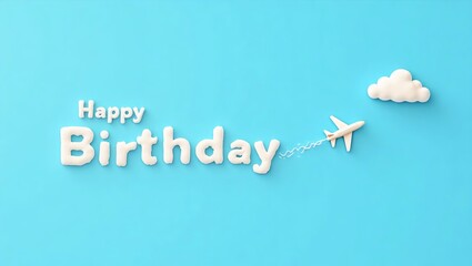 Happy Birthday Text With Airplane Cloud And Dotted Flight Trail