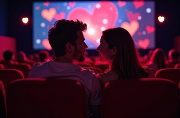 Young couple watching romantic movie in cinema, sharing a moment of love