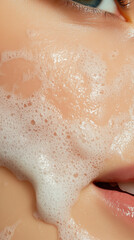 Fototapeta premium A woman's face is covered in bubbles from a facial wash