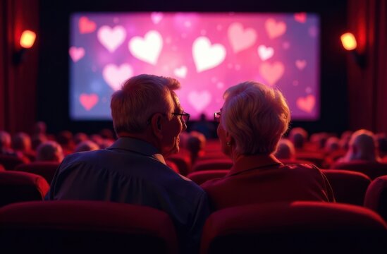 Senior couple watching romantic movie in cinema, enjoying valentine's day together
