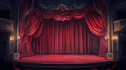 Luxurious red velvet curtains of a theater stage. Velveted. Illustration