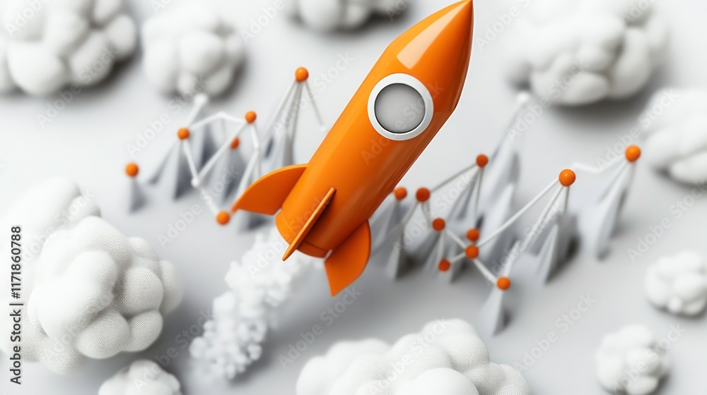 Aufkleber orange rocket launching through clouds and network connections, representing growth and success.