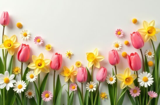 Pink tulips and yellow daffodils creating a vibrant spring border on white background