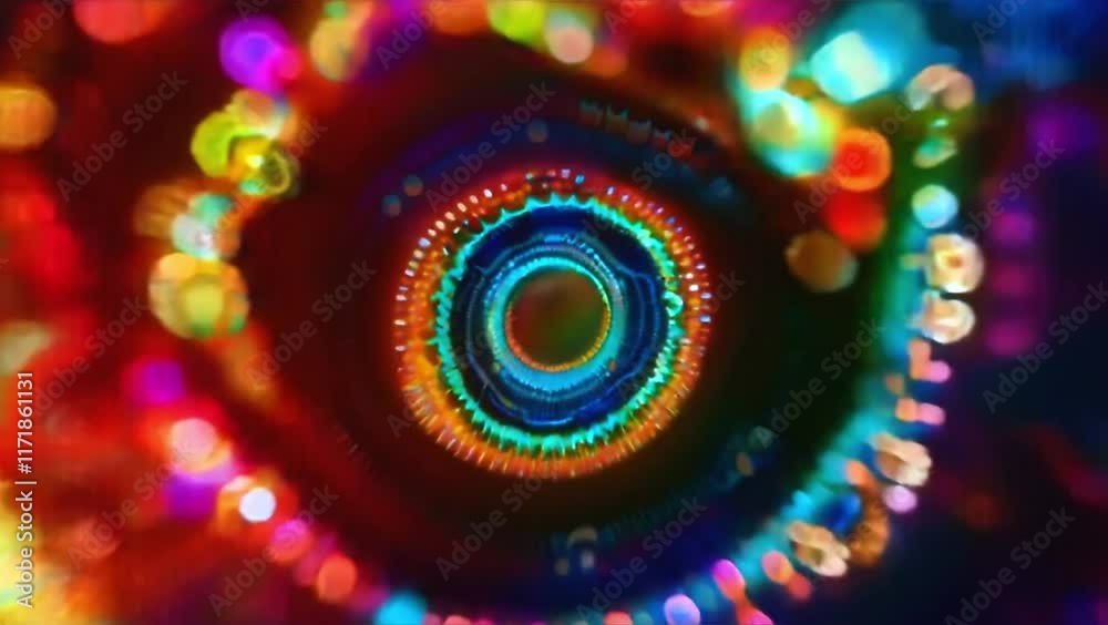 Poster Colorful circular bokeh lights in a vibrant abstract pattern with dynamic glowing effects