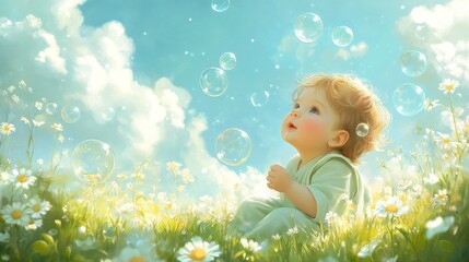 Baby on summer grass meadow playing with soap bubbles. Happines joy family concept. Beautiful sky on the back