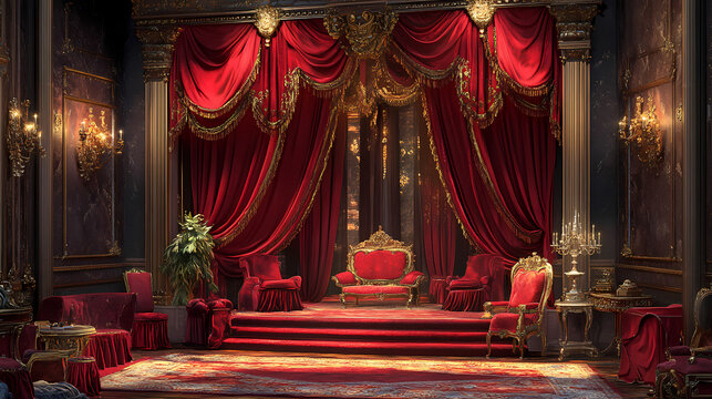 Opulent red velvet curtains with intricate swags, tassels, and golden accents create a lavish, dramatic setting perfect for high-end theatrical performances and elegant events. Velveted. Illustration