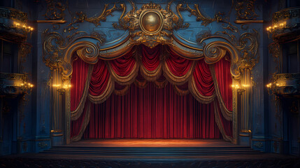 Ornate theater stage with luxurious crimson velvet curtains golden tassels and antique footlights casting a warm glow intricate baroque details adorn the proscenium arch. Velveted. Illustration