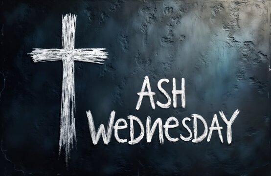 Religious illustration featuring cross, words Ash Wednesday written on dark textured board. Symbolic image for Christian event. Illustration conveys spiritual message. Suitable for religious