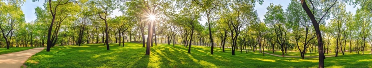 A stunning springtime panorama of pine and fir forests with a pathway winding through the park