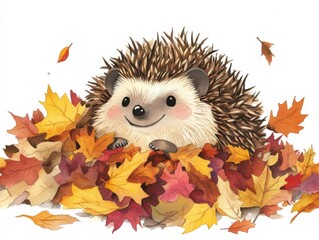 Whimsical autumn scene with happy hedgehog in colorful leaves