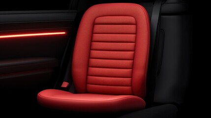 A vibrant red car seat features a textured design, set against a dark background with subtle lighting, showcasing modern automotive aesthetics.