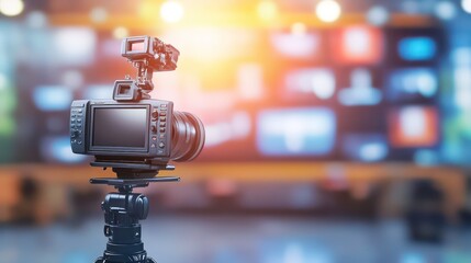 Professional video camera on tripod, ready for filming in a blurred studio background.