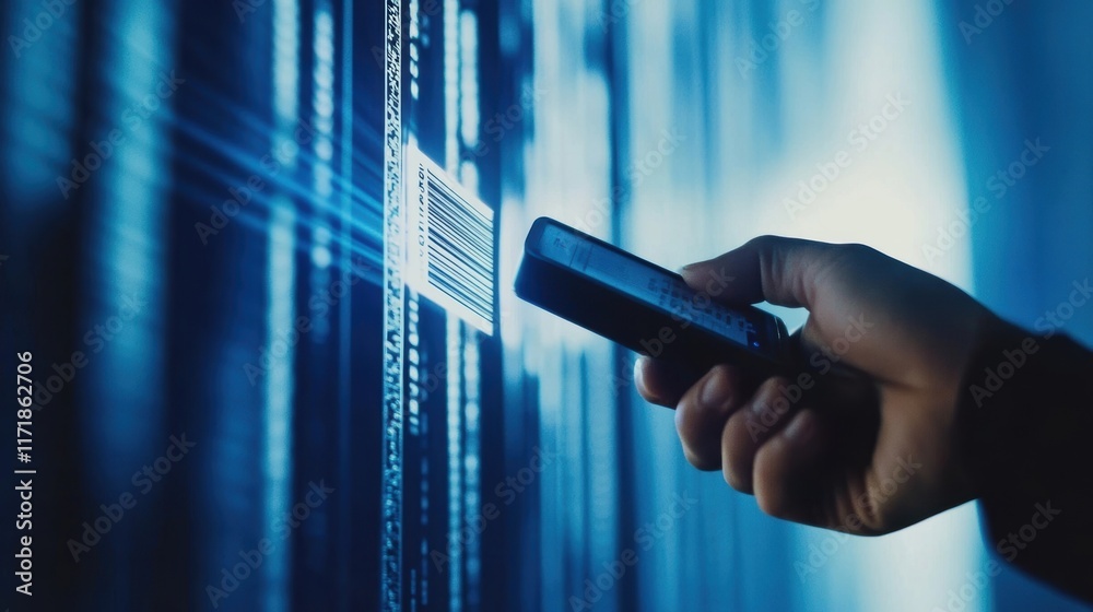 Poster hand holding a mobile device while scanning a barcode projected on a futuristic digital screen, illu