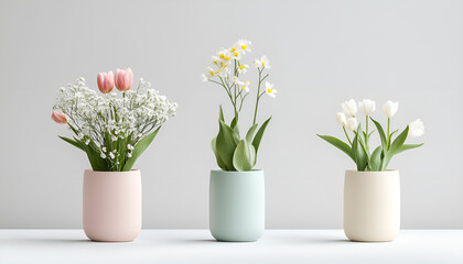 First spring flowers in vase on pastel background