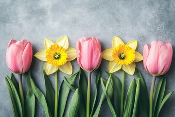 A delightful bouquet of spring flowers on a pastel table top, perfect for an International Women's Day greeting card. Captured in a flat lay style.