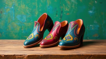 Colorful, intricately embroidered women's shoes in vibrant teal and red tones, displayed on a rustic wooden table with a textured green background. Generative, AI,