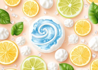 tropical palm leaf and gentle blue wave on a pink background