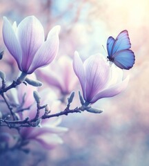 A serene view of a beautiful magnolia and a butterfly against a stunning blue sky, embodying the essence of spring and summer.