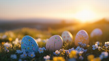 Easter eggs in a white flower patch backlit by the sunset. Easter themed background with negative space for advertisement placement.