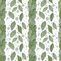 A seamless pattern featuring hand-drawn watercolour green leaves and striped botanical elements. Perfect for eco-friendly designs, textiles, packaging, and nature-inspired projects.
