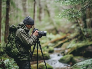 Nature photographer adjusting camera on tripod in serene forest during sunny morning, celebrating Photographer's Day with passion for capturing the beauty of nature
