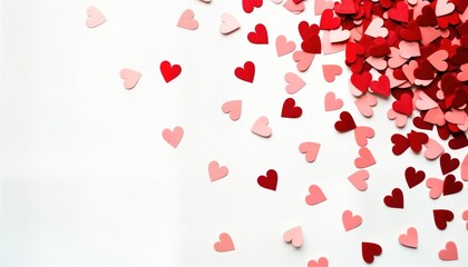 Red, pink paper hearts scattered on white background. Romantic confetti design ideal for Valentine Day celebration. Creative backdrop suitable for social media posts prints. Colorful paper hearts in