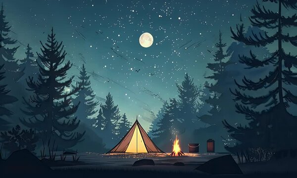 A serene campsite under a starry night sky with a glowing tent and campfire.