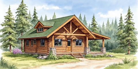 Obraz premium Watercolor of a tiny house, watercolor cabin house 