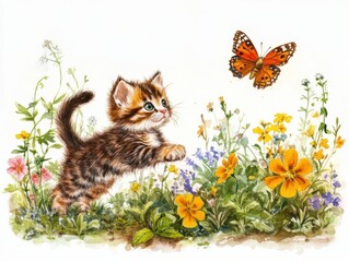 Whimsical spring scene: fluffy kitten in a vibrant flower meadow with butterfly