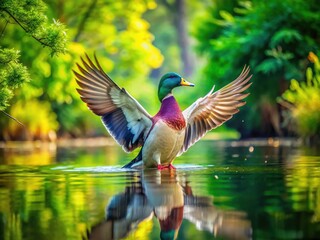 Obraz premium Peaceful Duck Lake panorama: tranquil waters, vibrant foliage, ideal birdwatching.