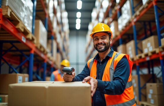Warehouse worker scans box happily at camera. Worker in safety vest, hardhat. Cheerful. Inside large warehouse. Distribution center. Man working. Focus on business logistic. Receiving shipment.