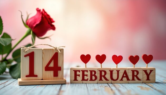 Wooden calendar shows February 14. Red rose, small red hearts decorate scene. Romantic date setting. Valentine Day celebration. Wooden calendar blocks display special date. Photo shows romantic,