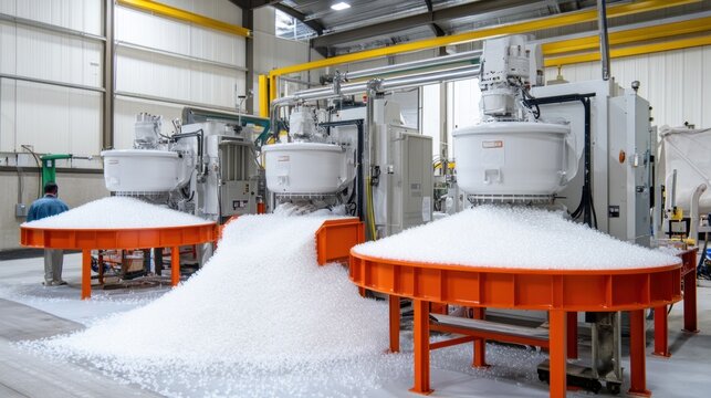 Industrial plastic pellet manufacturing process with machinery and raw materials in a factory setting for sustainability concept