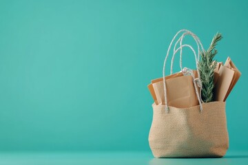 Eco-friendly shopping bag with paper bags and herbs on a turquoise background, symbolizing sustainable living and green choices, environment protection concept