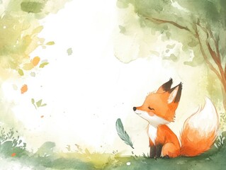 Whimsical watercolor baby fox in spring forest scene for artistic decor
