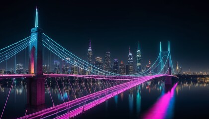 Obraz premium Neon Cityscape Bridge at Night: Futuristic Suspension Bridge with Vibrant Pink and Blue Lighting, Dramatic Background