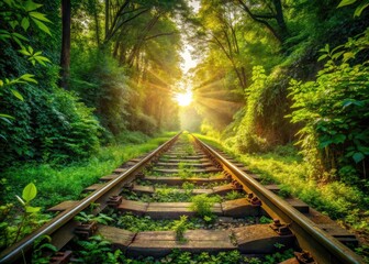 Fototapeta premium Rustic railroad tracks wind through serene countryside; a photographer's dream of nature's reclamation.