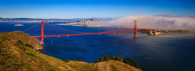 Panorama of the Golden Gate bridge and San Francisco skyline