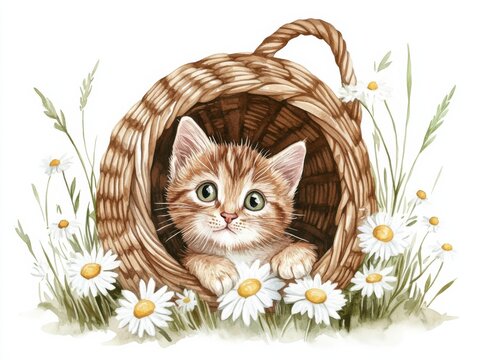 Whimsical watercolor illustration of a curious kitten in a basket with daisies - perfect for spring-themed designs and decorations