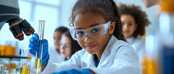 Diverse Young Students Conducting Scientific Experiments in Laboratory with Safety Glasses, Inspiring Future Scientists and STEM Education Enthusiasm