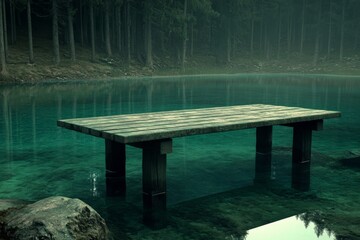 Fototapeta premium A panoramic view of Crestasee - Lake Cresta in June, situated in the municipalities of Flims and Trin in the Grisons, Switzerland, features a wooden dock by the lake.