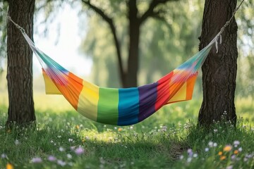 A serene landscape featuring a red hammock in a spring garden filled with blooming apple trees on a sunny day, ideal for relaxation and rural tourism. The focus is selective, highlighting key