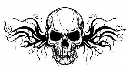 A detailed black and white skull illustration with tribal flame-like elements extending from both sides creating a bold gothic design


