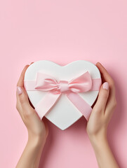 top view of hands holding a white heart-shaped gift box with pink ribbon on pink background for valentine's day