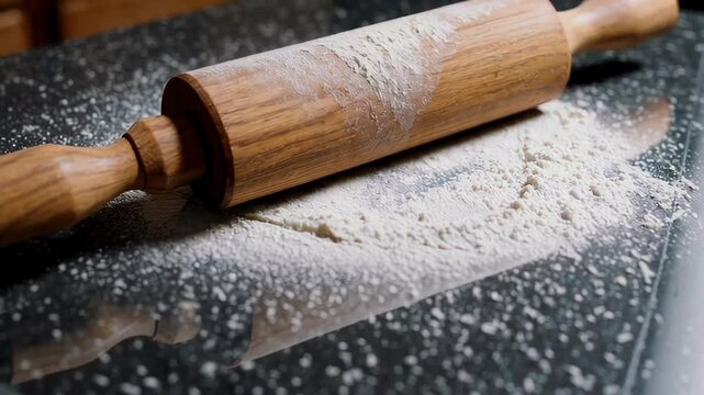 Wooden rolling pin on a flour-dusted countertop, symbolizing baking 