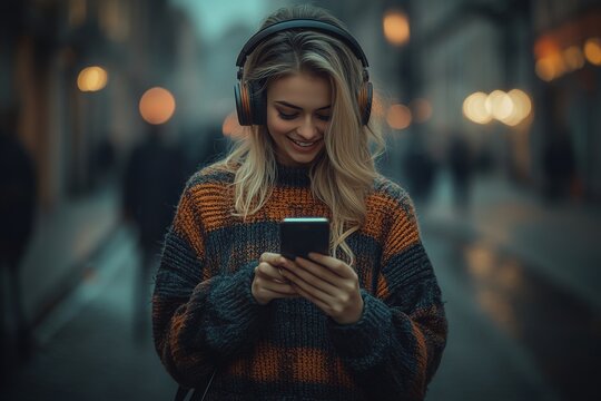 A young, beautiful blonde woman wearing headphones and holding a smartphone smiles happily outdoors on a sunny day
