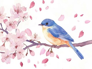 Fototapeta premium Whimsical watercolor of a colorful bird on cherry blossom branch