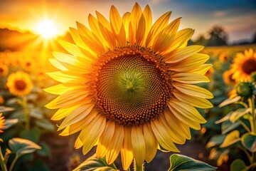 Obraz premium Sunlit sunflowers gleam, a golden hour masterpiece captured in vibrant detail.