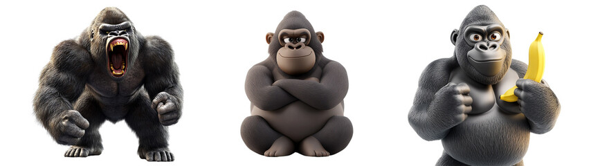 Fototapeta premium Icon 3D, a variety of cool actions from Gorilla, holding a banana in one hand, gorilla mid-roar, and gorilla in a front-facing pose